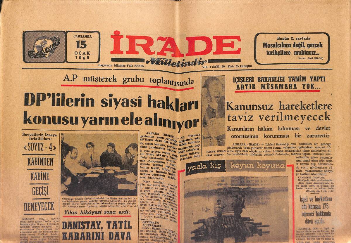 İrade Gazetesi 15 Ocak 1969 - Mesut Bir Esir : Liz Taylor - Urfa'da Bin Evi Su Bastı GZ149611 - 1