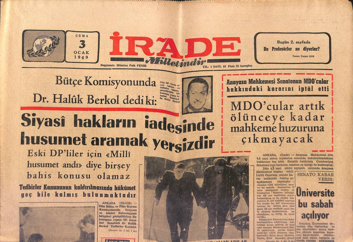 İrade Gazetesi 3 Ocak 1969 - Kraliçe Elizabeth , Sıkı Bir Perhiz Uyguluyor - Üniversite Bu Sabah Açılıyor GZ149614 - 1
