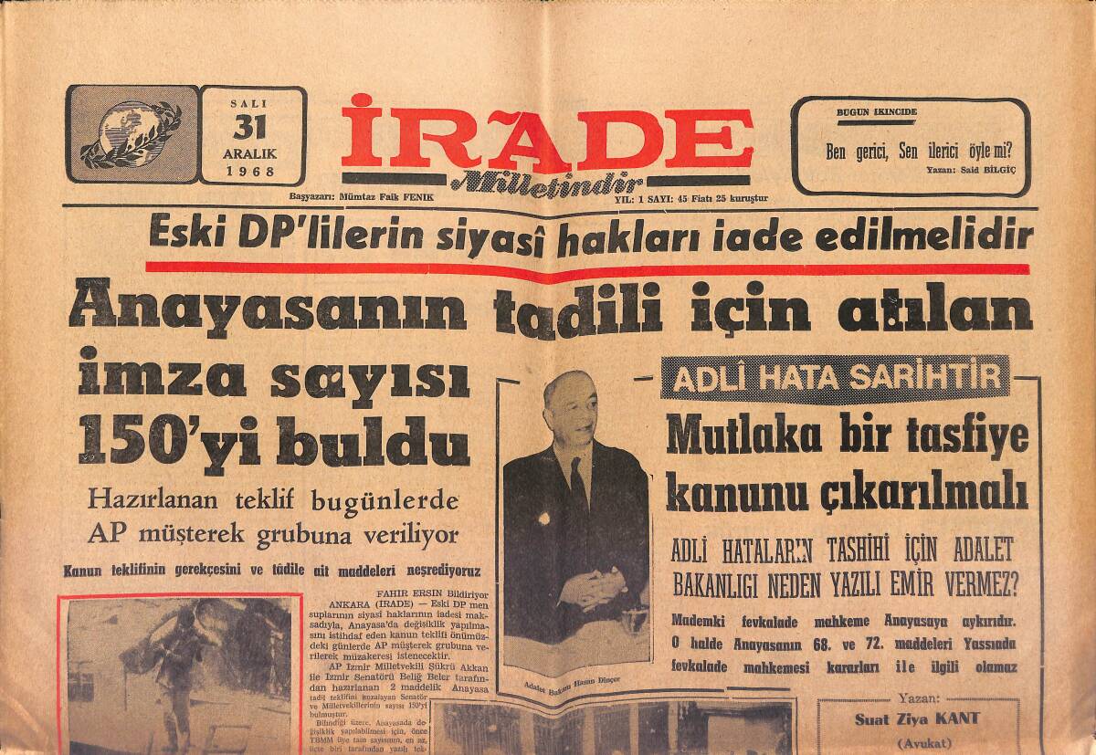 İrade Gazetesi 31 Aralık 1968 - TİP'te Seçimi Aybar Kazandı - Anayasanın Tadili İçin Atılan İmza Sayısı 150'yi Buldu GZ149612 - 1