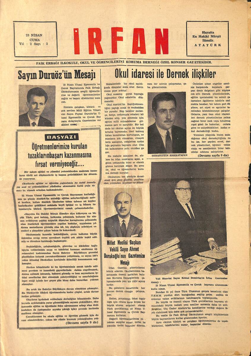 İrfan Gazetesi ( Faik Erbağı İlkokulu Gazetesi) 23 Nisan 1971 - Millet Meclisi Başkan Vekili Ahmet Durakoğlu, Petrol Ofisi Reklam GZ134721 - 1