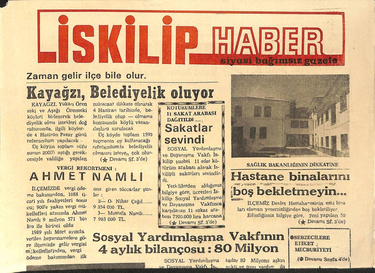 İskilip Haber Gazetesi 1 Haziran 1989 - Kayağzı, Belediyelik Oluyor - Belediye Meclisi Haziran'da Toplanıyor GZ153592 - 1
