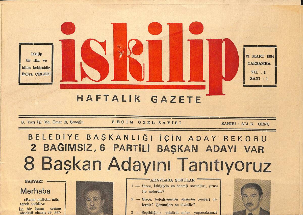 İskilip Haftalık Gazetesi 21 Mart 1984 - Belediyemizdeki Başkan Adaylarımızı Tanıtıyoruz GZ153598 - 1