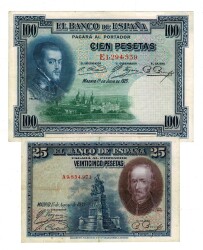 İspanya 25/100 Pesetas 1925/1928 Yılı Kağıt Para Seti ÇÇT/ÇÇT+ YKP8319 - 1