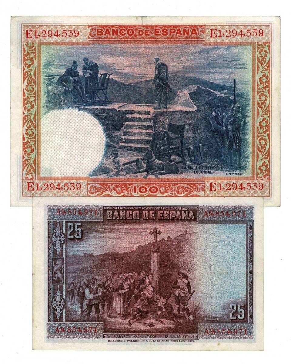 İspanya 25/100 Pesetas 1925/1928 Yılı Kağıt Para Seti ÇÇT/ÇÇT+ YKP8319 - 2
