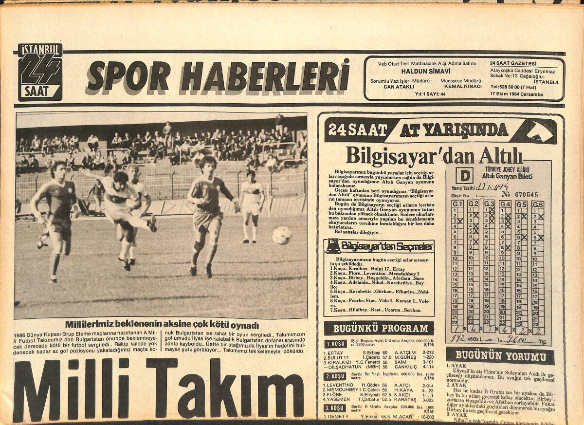 İstanbul 24 Saat Spor Haberleri Gazetesi 17 Ekim 1984 - Milli Takım 