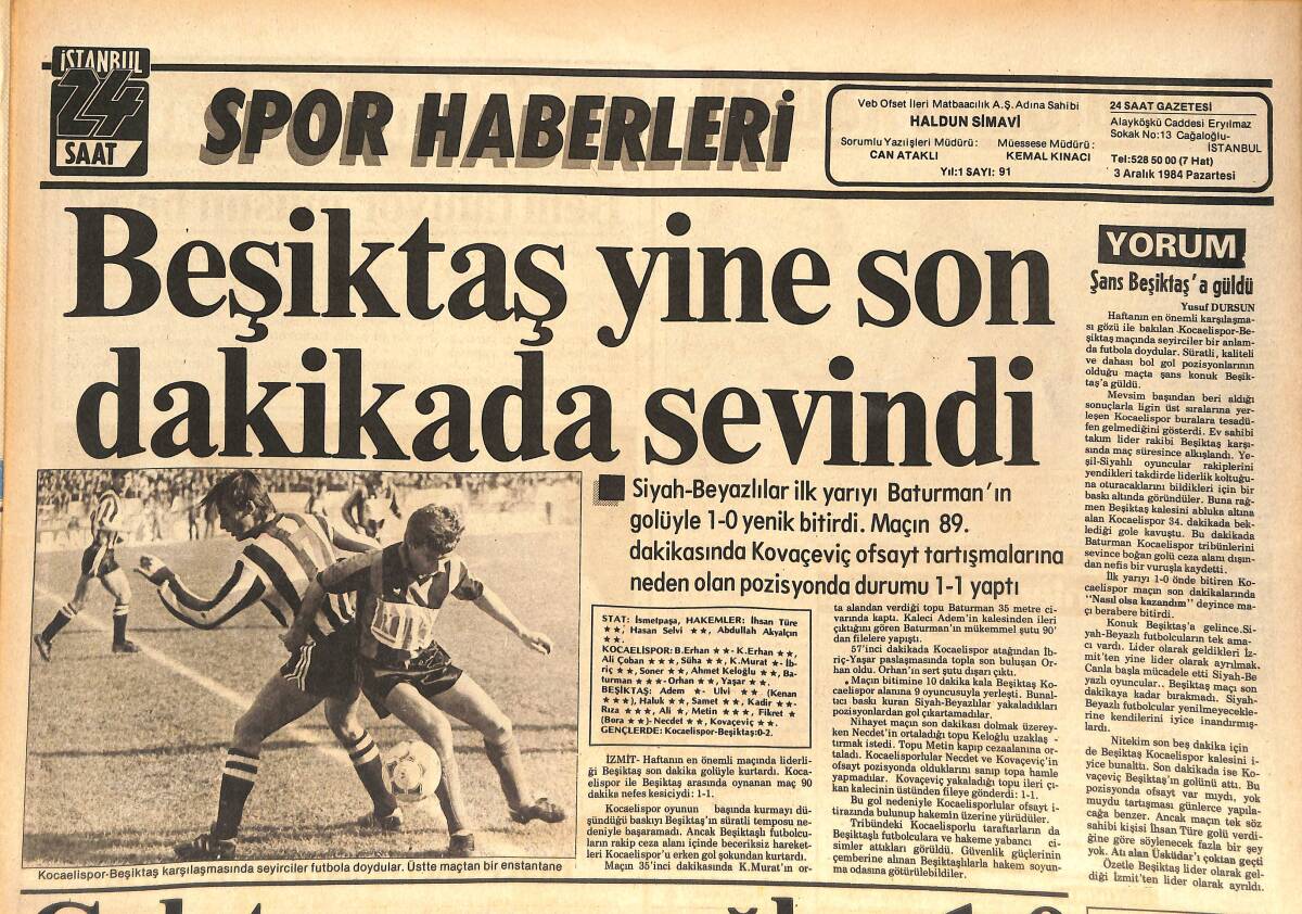 İstanbul 24 Saat Spor Haberleri Gazetesi 3 Aralık 1984 - 1985 Eurovision Türkiye Finalistleri Belli Oldu 