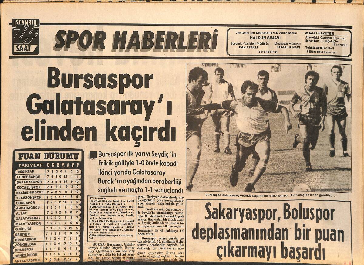 İstanbul 24 Saat Spor Haberleri Gazetesi 8 Ekim 1984 - Bursaspor, Galatasaray'ı Elinden Kaçırdı - Maltepe Lisesini Yakmak İstediler GZ134757 - 1