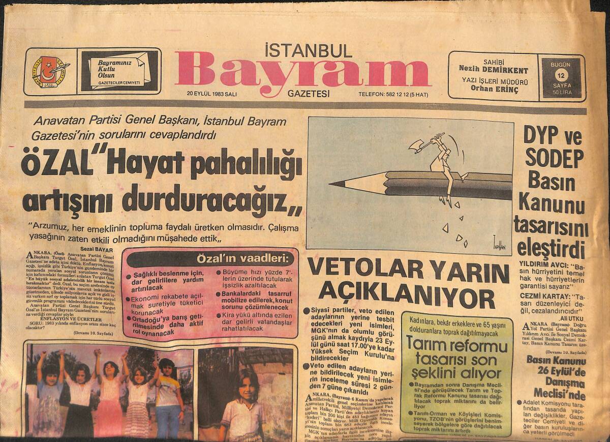 İstanbul Bayram Gazetesi - 20 Eylül 1983 - Özal : Hayat Pahalılığı Artışını Durduracağız -Lübnan'da Yüzlerce Ceset Bulund -G.saray Gençlerle Kazanıyor GZ133338 - 1