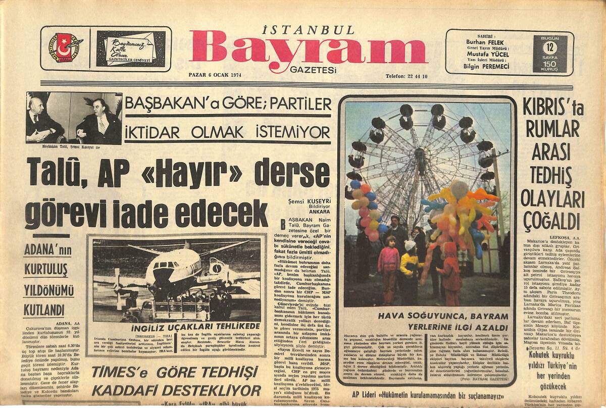 İstanbul Bayram Gazetesi 6 Ocak 1974 - Zümra Aycan , Alman TV'si İçin Şarkı Söyledi - Kıbrıs'ta Rumlar Arası Tedhiş Olayları Çoğaldı GZ145132 - 1