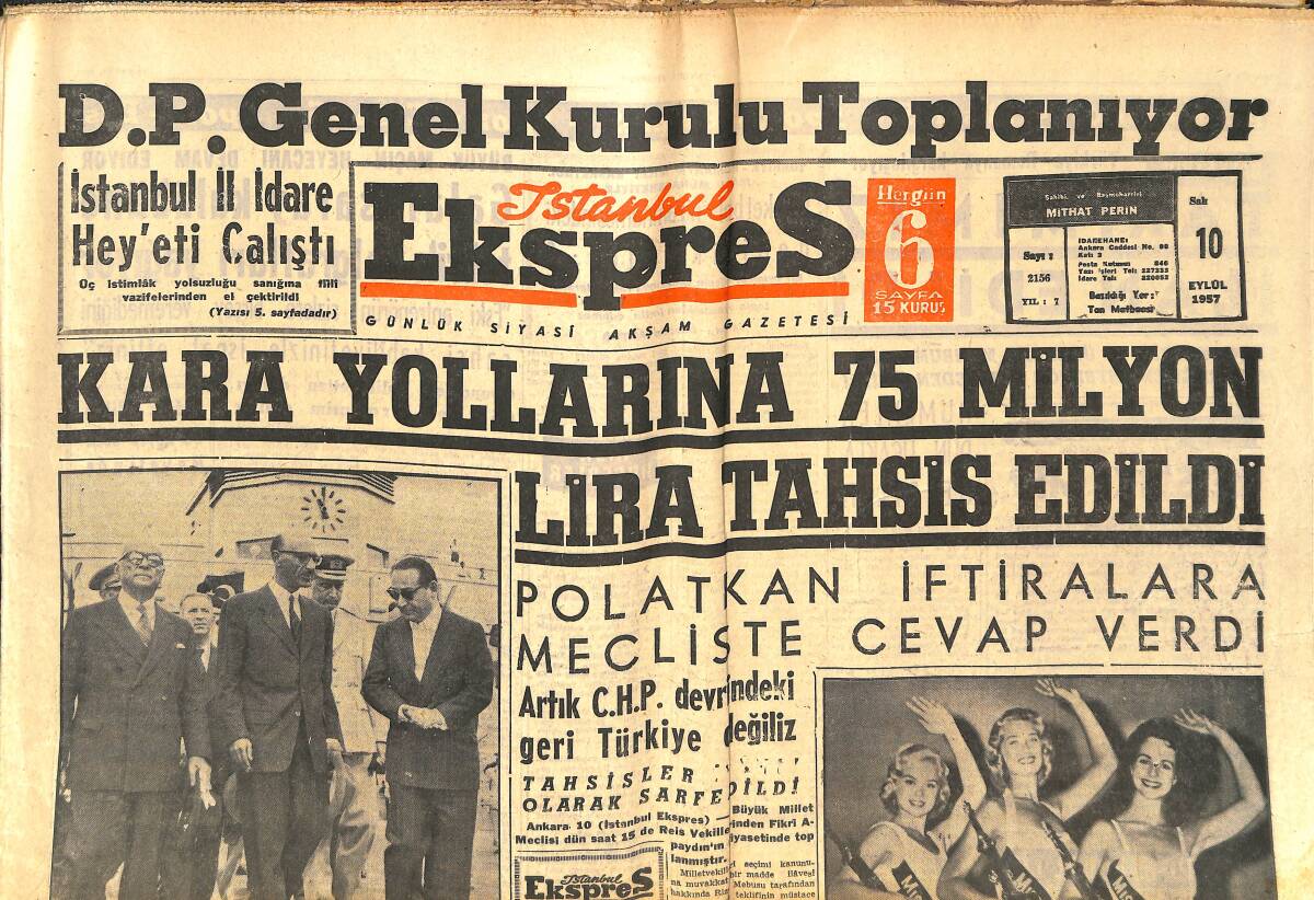 İstanbul Ekspres Gazetesi 10 Eylül 1957 - Mayo Güzelleri - Mısır Suriye'nin Yanında Yer Aldı - Venedik Film Festivali Sona Erdi GZ143898 - 1