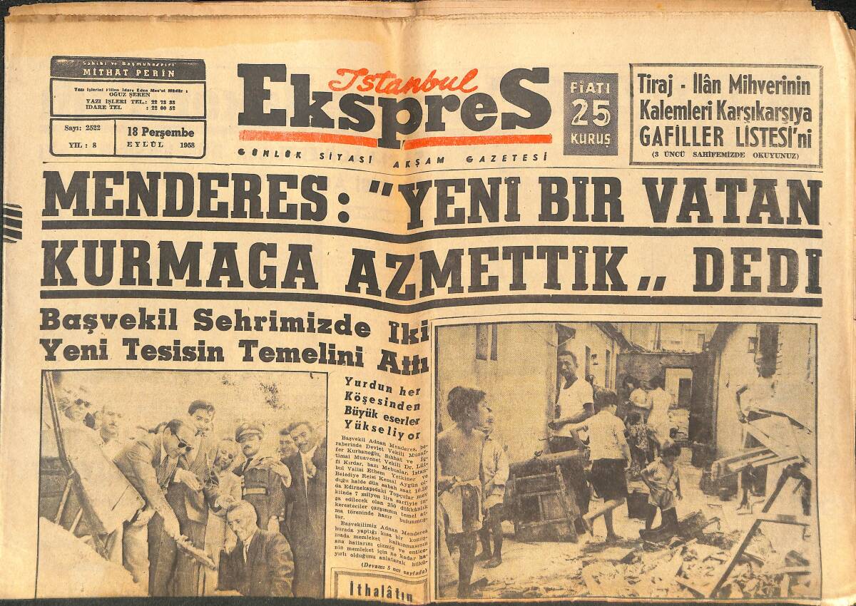 İstanbul Ekspres Gazetesi 18 Eylül 1958 - Gerdanlık: Lana Turner - Menderes: Yeni Bir Vatan Kurmaya Azmettik GZ143861 - 1