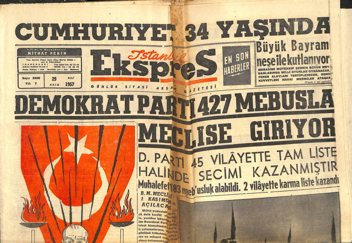 İstanbul Ekspres Gazetesi 29 Ekim 1957 - Cumhuriyet 34 Yaşında - Kıbrıs Rumları Yine Ezdi GZ143894 - 1