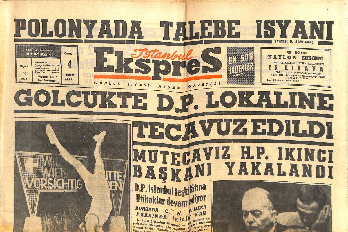 İstanbul Ekspres Gazetesi 4 Ekim 1957 - İlahi Sesli Artist Mario Lanza - 40 Kilo Altın Yüklü Bir Lübnan Uçağı Denize Düştü GZ143891 - 1