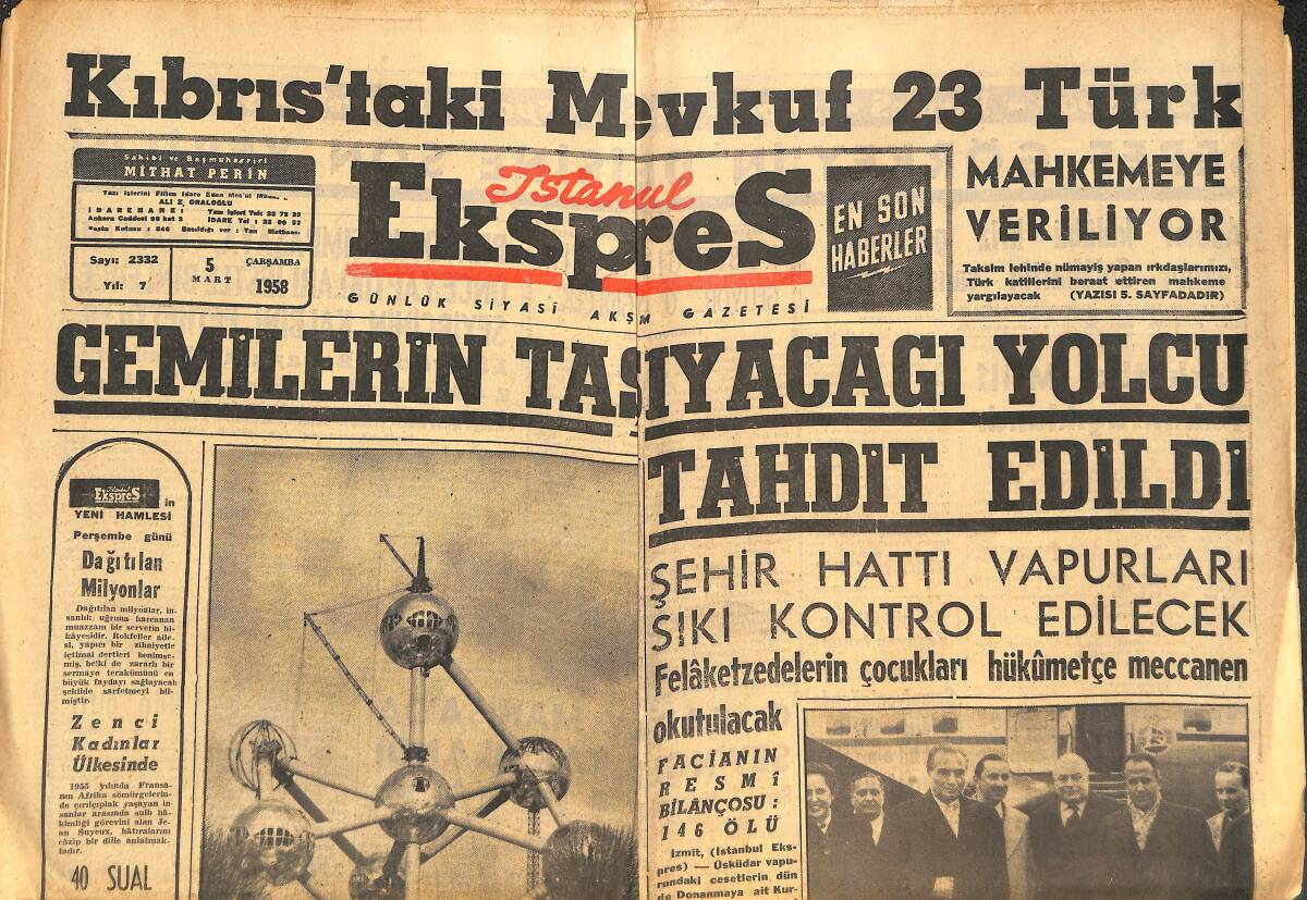 İstanbul Ekspres Gazetesi 5 Mart 1958 - Kıbrıs'taki Mevkut 23 Türk - Bop Hope'a Rus Vizesi Verilmedi GZ143748 - 1