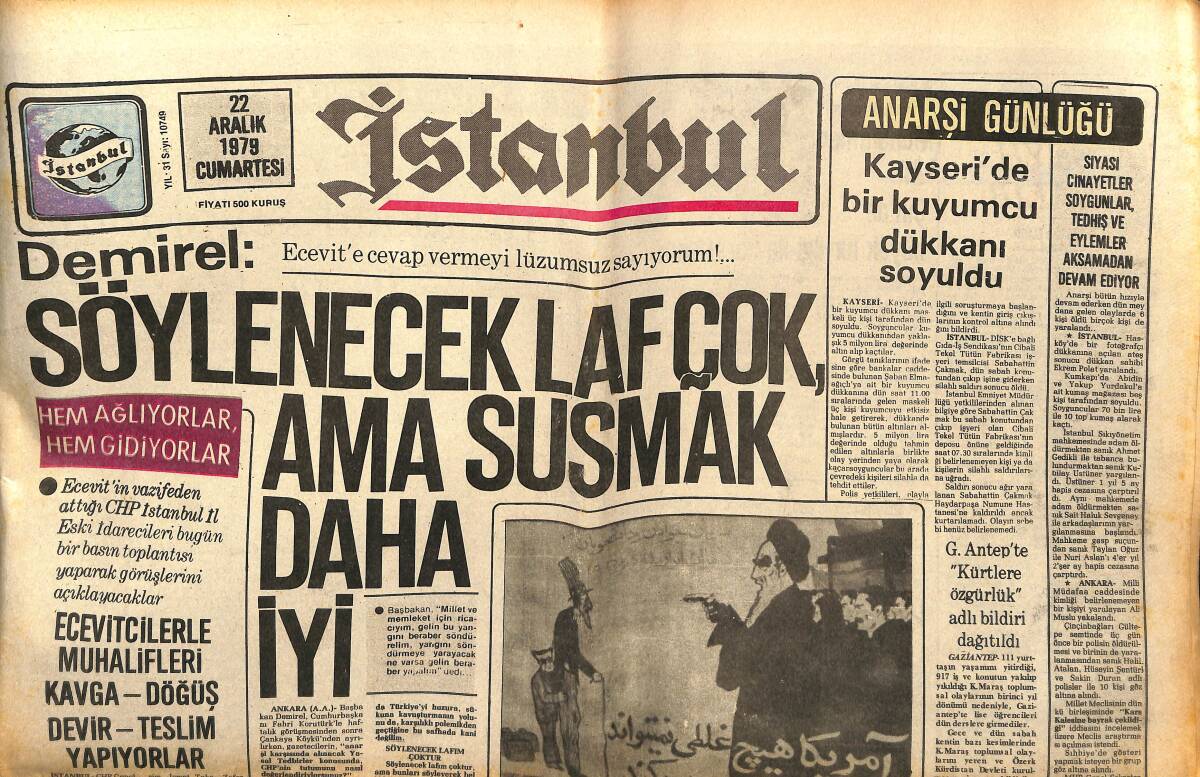 İstanbul Gazetesi 22 Aralık 1979 - Türkeş : CHP Komünist Zorbalarla Beraber - Şah , Haber Ajanslarına Rüşvet Vermiş GZ148434 - 1