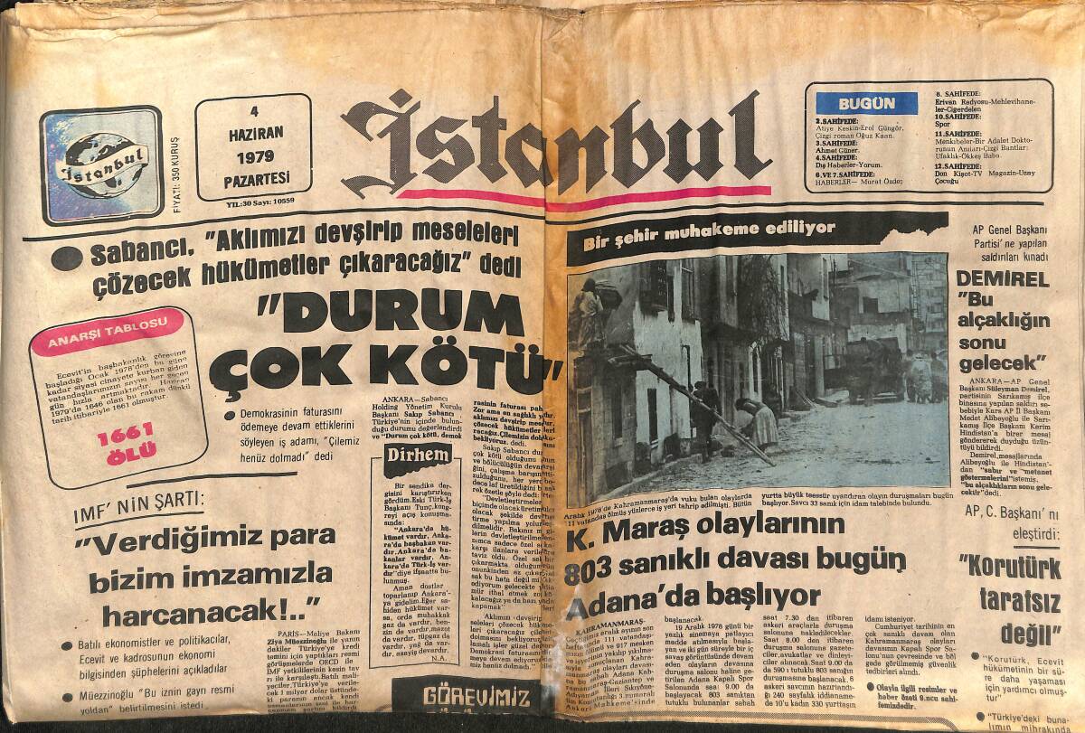 İstanbul Gazetesi 4 Haziran 1979 - K.Maraş Olaylarının 803 Sanıklı Davası Bugün Adana'da Başlıyor GZ148437 - 1