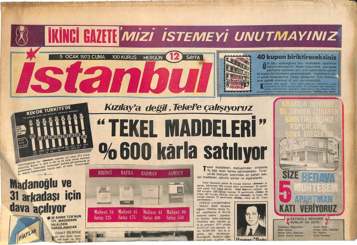 İstanbul Gazetesi 5 Ocak 1973 - Cevdet Sunay'ın Halefi Şubat'ta Belli Olacak - Tekel Maddeleri %600 Kârla Satılıyor GZ145356 - 1