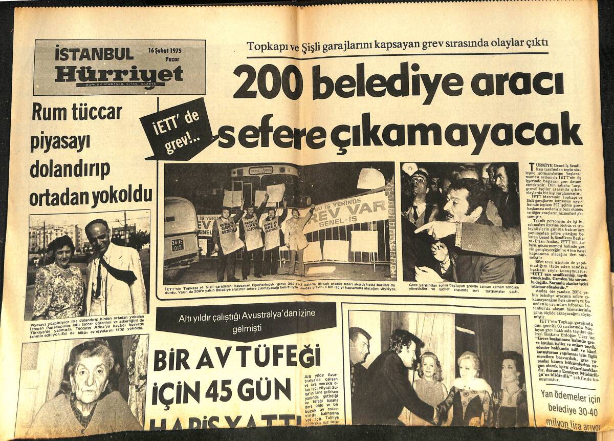 İstanbul Hürriyet Gazetesi 16 Şubat 1975 - Rum Tüccar Piyasayı Dolandırıp Ortadan Kayboldu - 200 Belediye Aracı Sefere Çıkamayacak! GZ145728 - 1