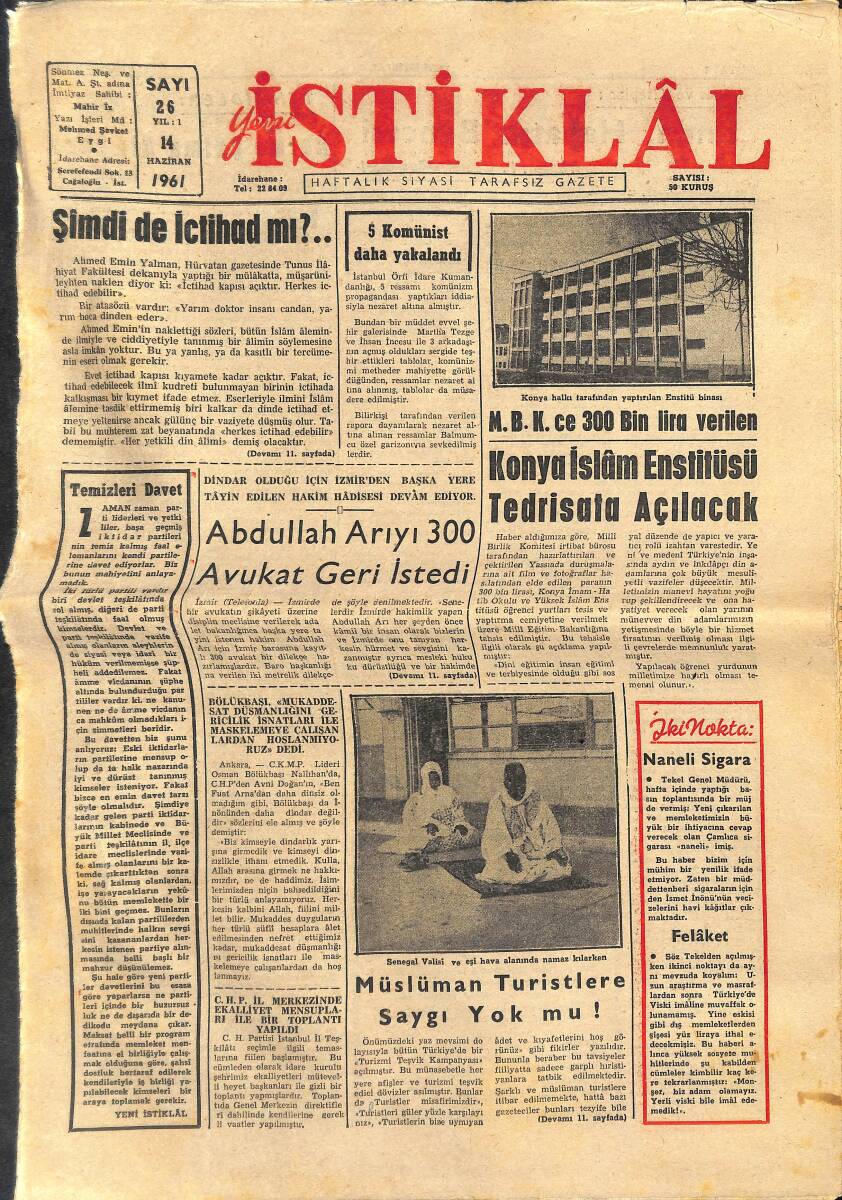 İstiklal Gazetesi 14 Haziran 1961 - Konya İslam Enstitüsü Tedrisata Açılacak - Abdullah Arıyı 300 Avukat Geri İstedi GZ146826 - 1