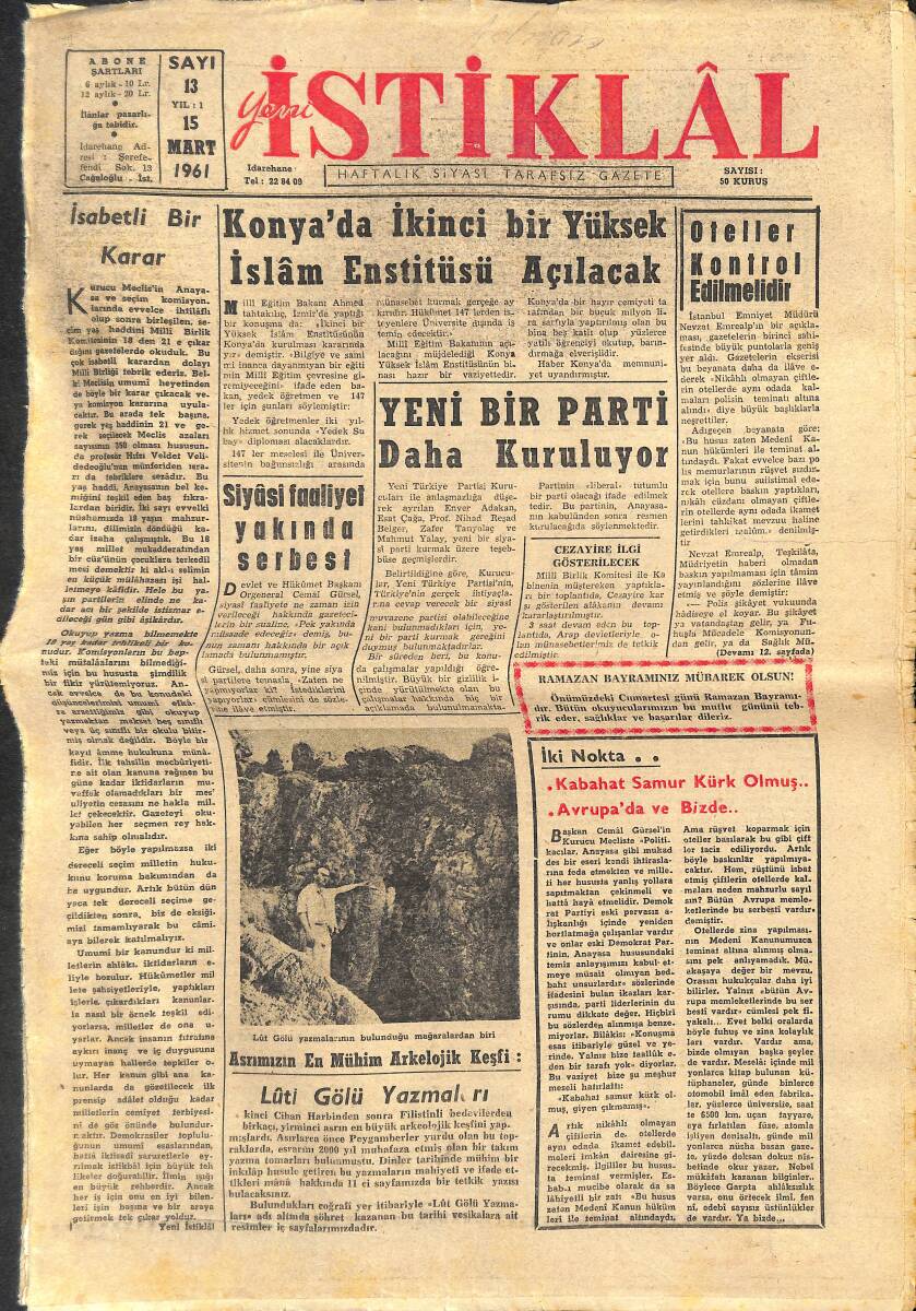 İstiklal Gazetesi 15 Mart 1961 - Konya'da İkini Bir Yüksek İslam Enstitüsü Açılacak - Asrımızın En Mühim Arkeolojik Keşfi: Luti Gölü GZ146827 - 1