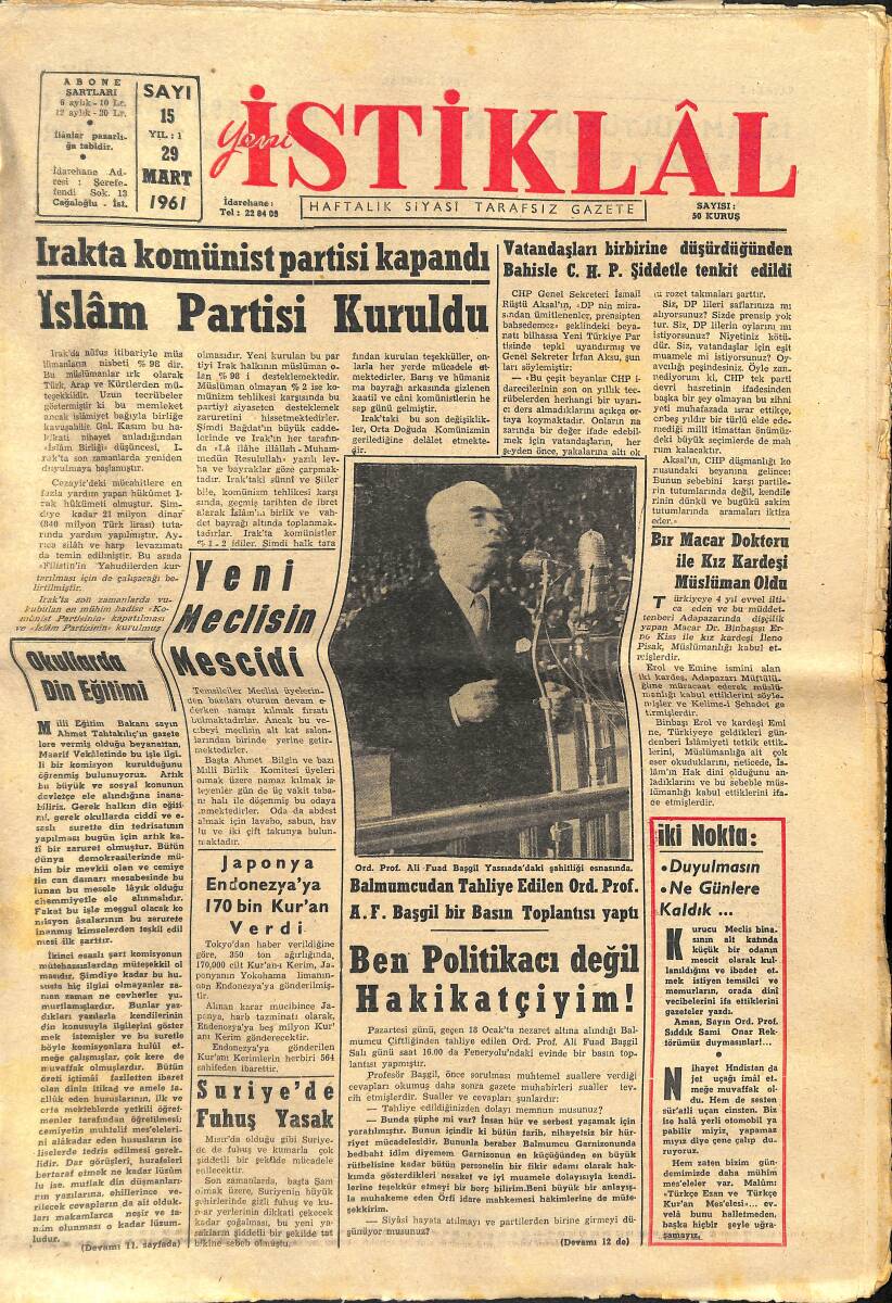 İstiklal Gazetesi 29 Mart 1961 - Irak'ta Komünist Partisi Kapandı İslam Partisi Kuruldu - Ali Fuat Başgil Yassıada'daki Şahitliği Esnasında GZ146824 - 1
