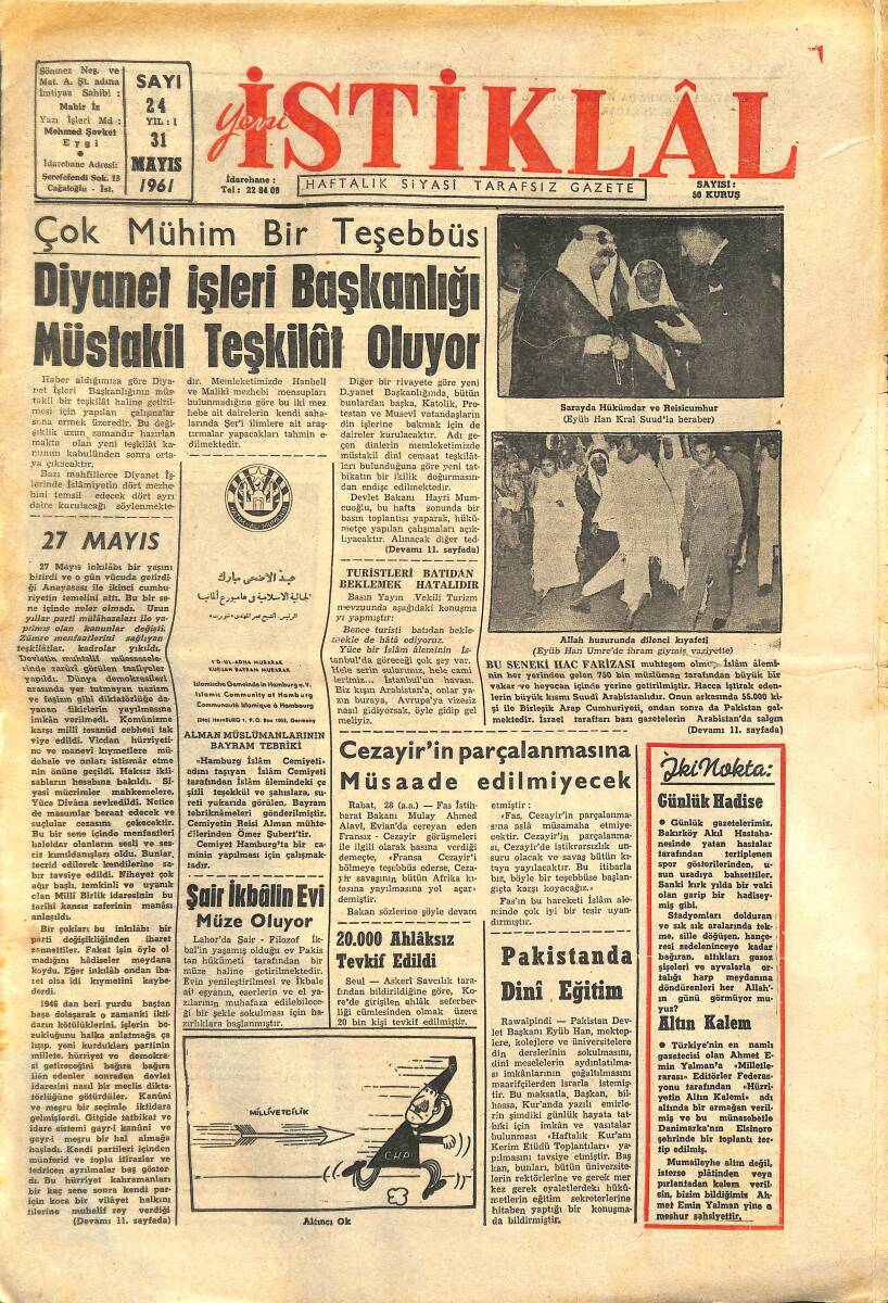 İstiklal Gazetesi 31 Mayıs 1961 - Sarayda Hükümdar Ve Reisicumhur - Cezayir'in Parçalanmasına Müsaade Edilmeyecek GZ143325 - 1