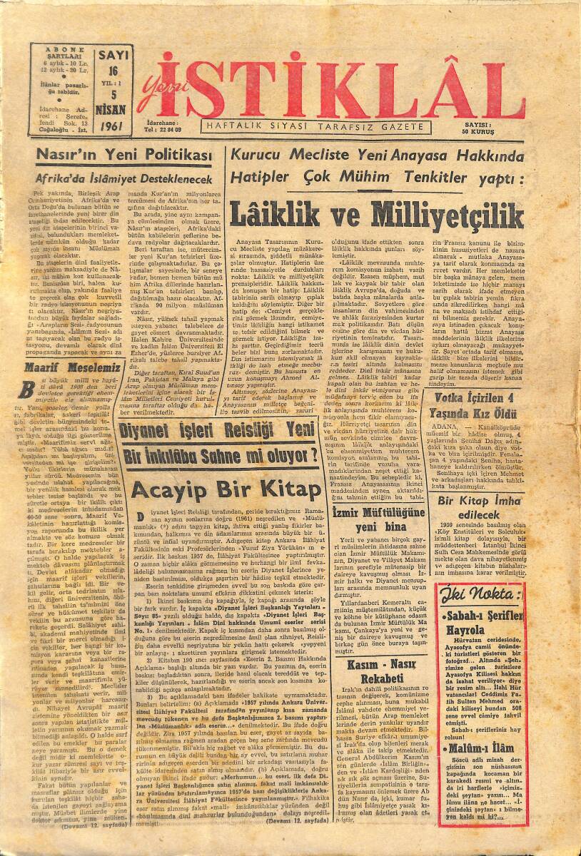 İstiklal Gazetesi 5 Nisan 1961 - Nasır'ın Yeni Politikası - Ali Şir Nevai'nin Türk Diline Hizmetleri - İstanbul'un Oluş Tarihi GZ146830 - 1