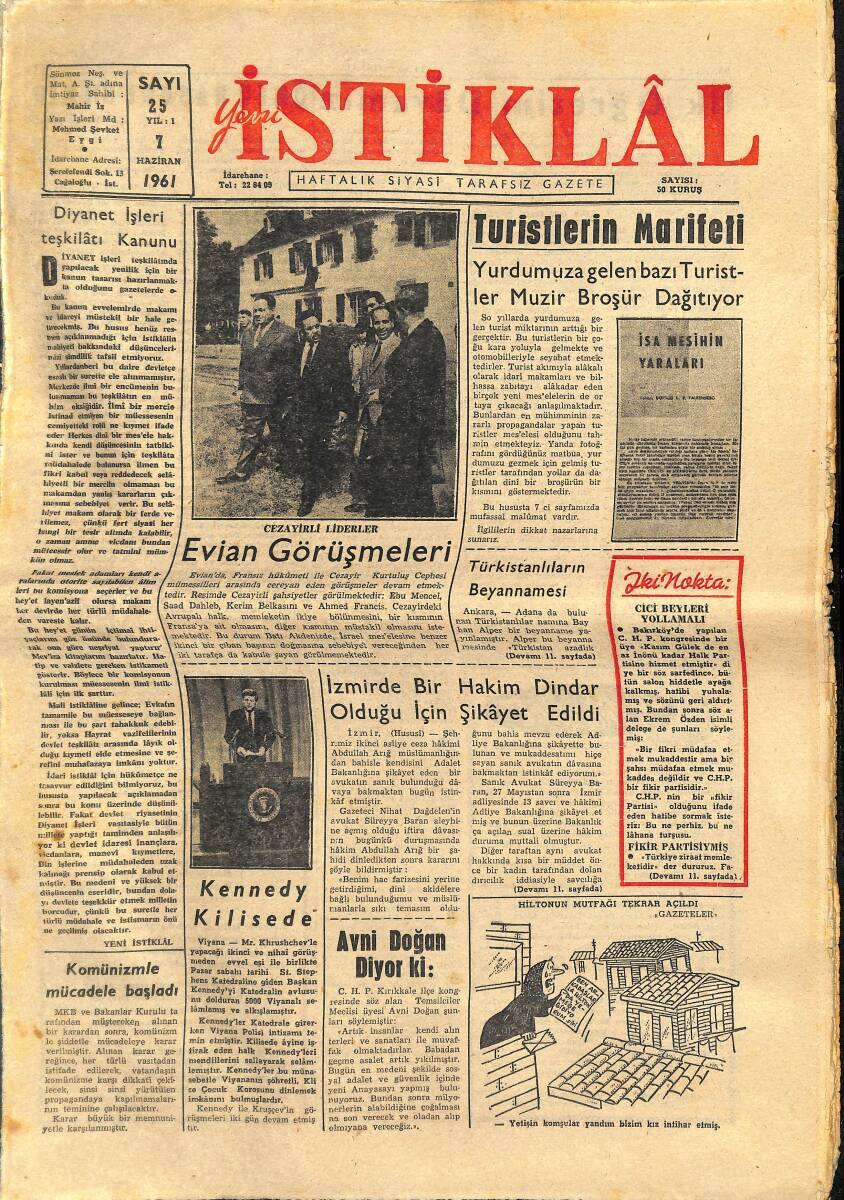 İstiklal Gazetesi 7 Haziran 1961 - Kennedy Kilisede - Van Gogh'daki Ümitsizlik - Tolstoy'da Harp Ve Sulh GZ146828 - 1
