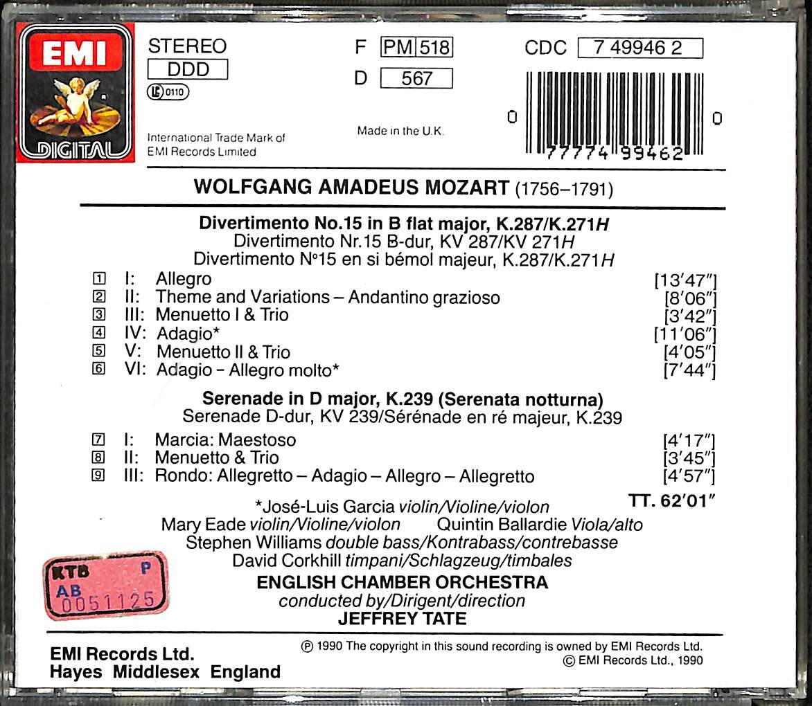 Jeffrey Tate - Mozart Divertimento KV 287 - Serenata Notturna KV 239 - English Chamber Orchestra CD (İkinci El) CD4627 - 2