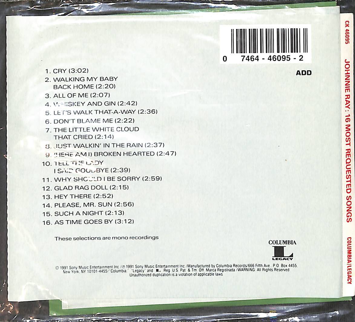 Johnnie Ray - 16 Most Requested Song CD (İkinci El) CD5761 - 2