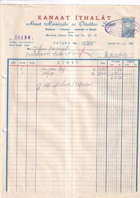 KANAAT İTHALAT AHMET HÜSNÜOĞLU VE ORTAKLARI ŞİRKETİ HIRDAVAT-TUHAFİYE-OYUNCAK VE İTHALAT İSTANBUL.1955 FATURA - 1
