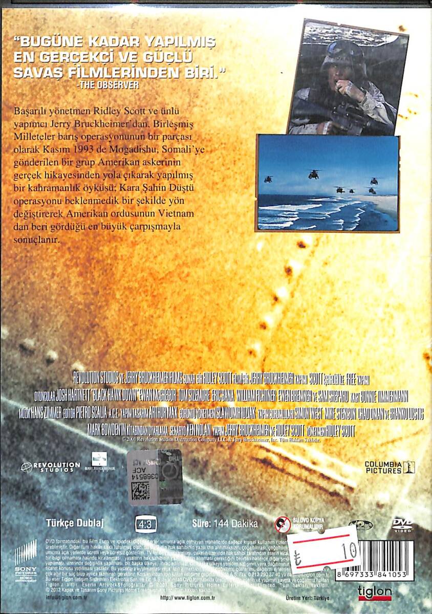 Kara Şahin Düştü – Orijinal DVD (İkinci El) * Josh Hartnett, Ewan McGregor, Eric Bana, Tom Sizemore, William Fichtner – 2001 * DVD2989 - 2