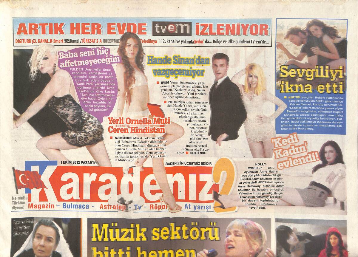 Karadeniz Gazetesi 1 Ekim 2012 - Fatma Girik 'Sürekli Ötüyorum' - Hande Yener Sinan Akçıl'dan Vazgeçemiyor! GZ136814 - 1