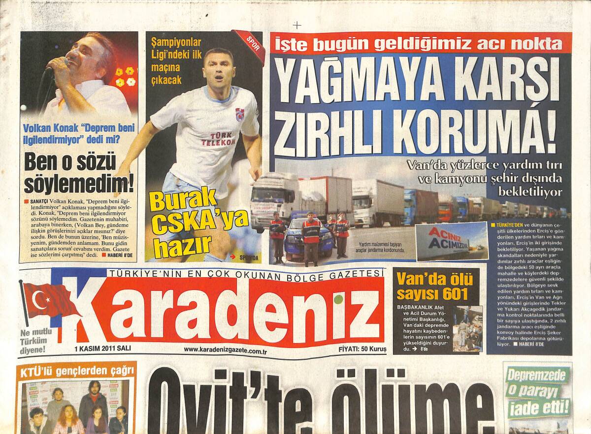 Karadeniz Gazetesi 1 Kasım 2011 - Burak Yılmaz CSKA'ya Hazır - Ah Tabur Gölü'nün Hazin Hikayesi GZ136155 - 1