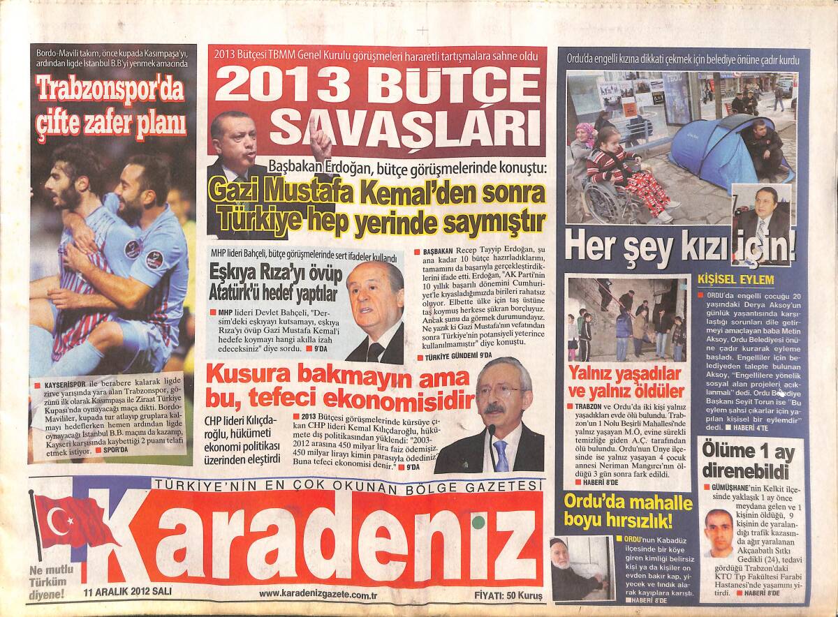 Karadeniz Gazetesi 11 Aralık 2012 - Başbakan Erdoğan Bütçe Görüşmelerinde Konuştu - Şenol Güneş: Hiçbir Zaman Haksız Maç Kazanmadık! GZ136683 - 1