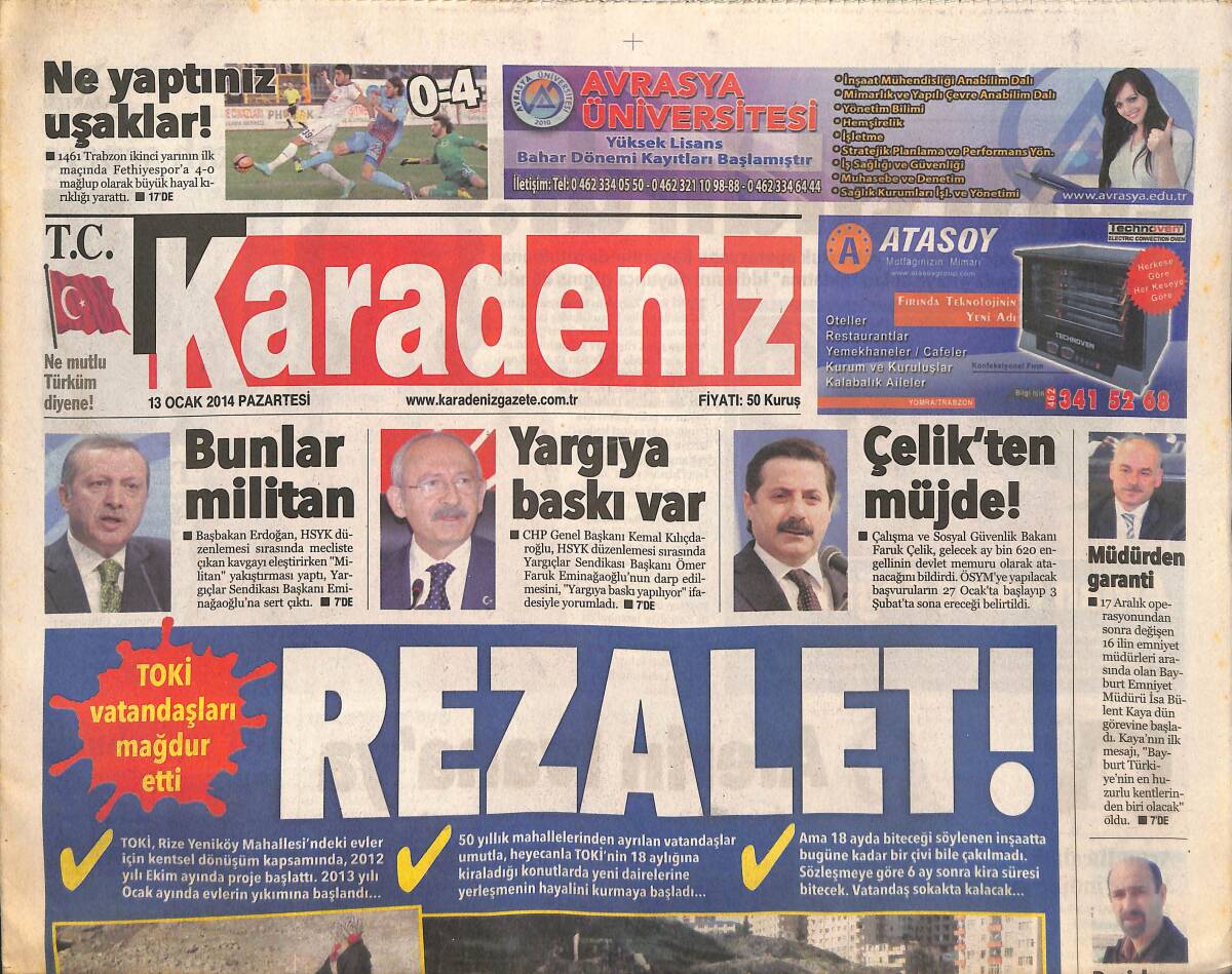 Karadeniz Gazetesi 13 Ocak 2014 - TOKİ Vatandaşları Mağdur Etti Rezalet! - Ebru Gündeş Çıldırdı! GZ136244 - 1