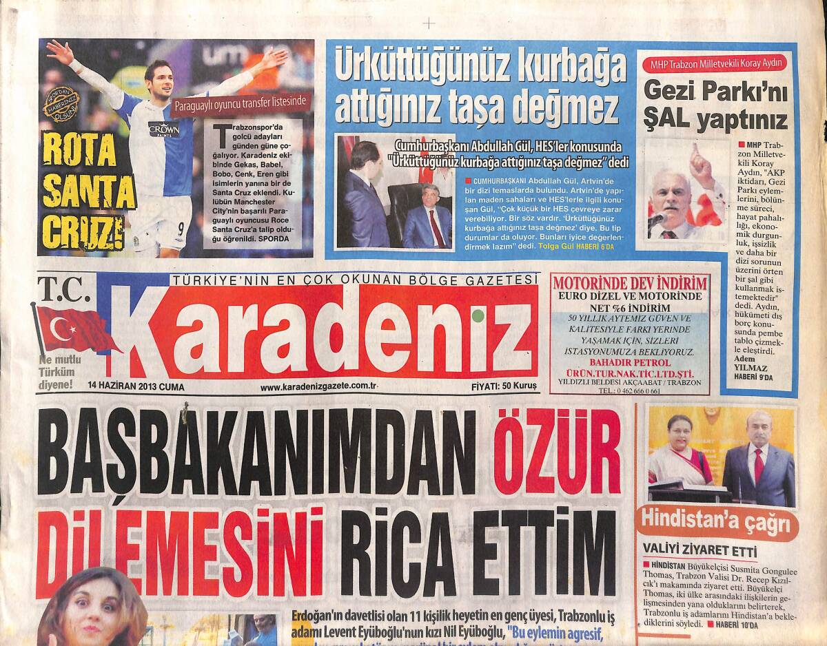 Karadeniz Gazetesi 14 Haziran 2013 - Eren Derdiyok Trabzon'a Koşuyor - Eğlence Hayatına Gezi Parkı Engeli GZ154924 - 1
