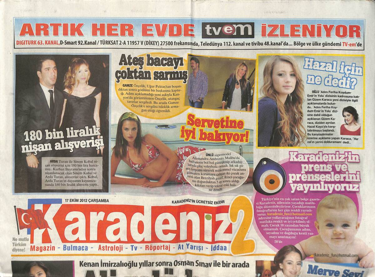 Karadeniz Gazetesi 17 Ekim 2012 - Arda Turan Sinem Kobal'ın 180 Bin Liralık Nişan Alışverişi! - Kenan İmirzalıoğlu: Ali Rolü Bana Çok İyi Geldi! GZ137417 - 1