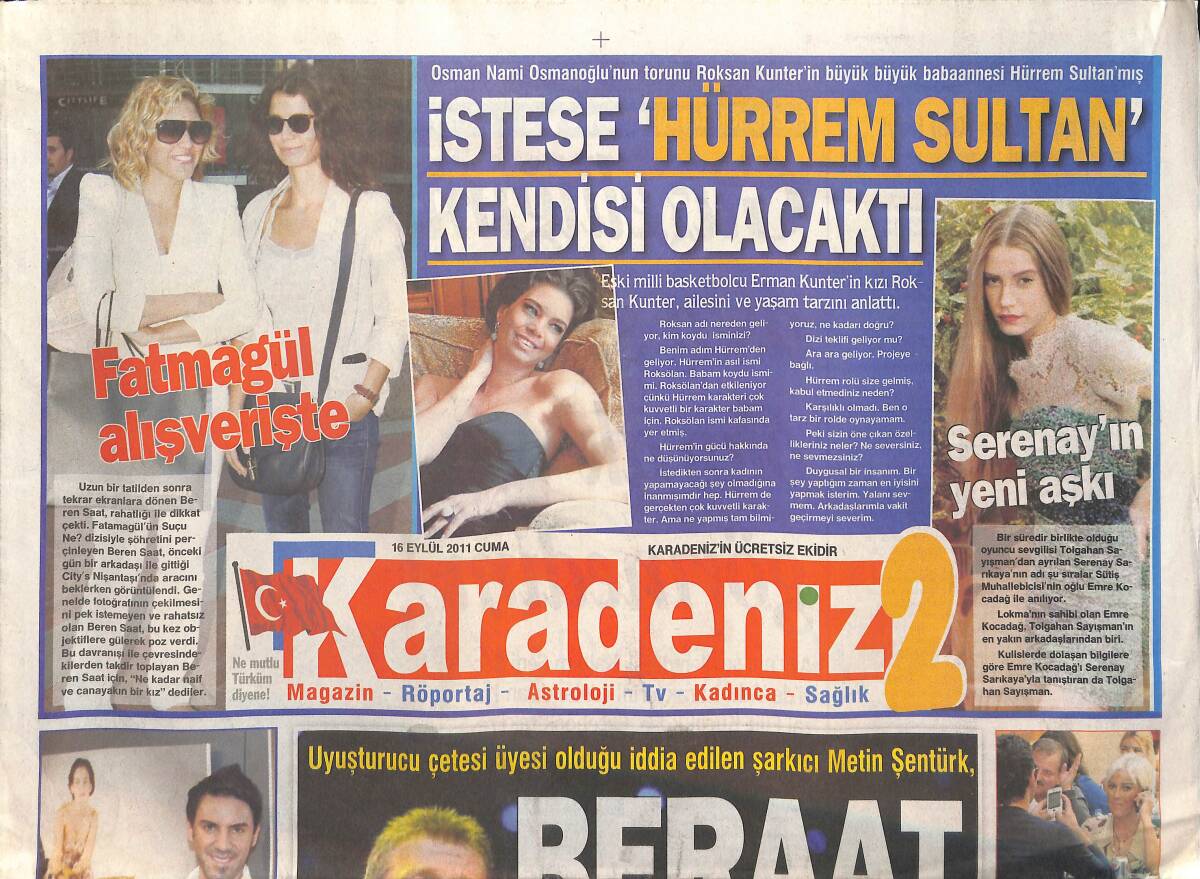 Karadeniz Gazetesi 2 Eki 16 Eylül 2011 - Beren Saat Alışverişte - Serenay Sarıkaya'nın Yeni Aşkı - Michael Jackson 30 Milyon Dolar Miras Bıraktı GZ137738 - 1