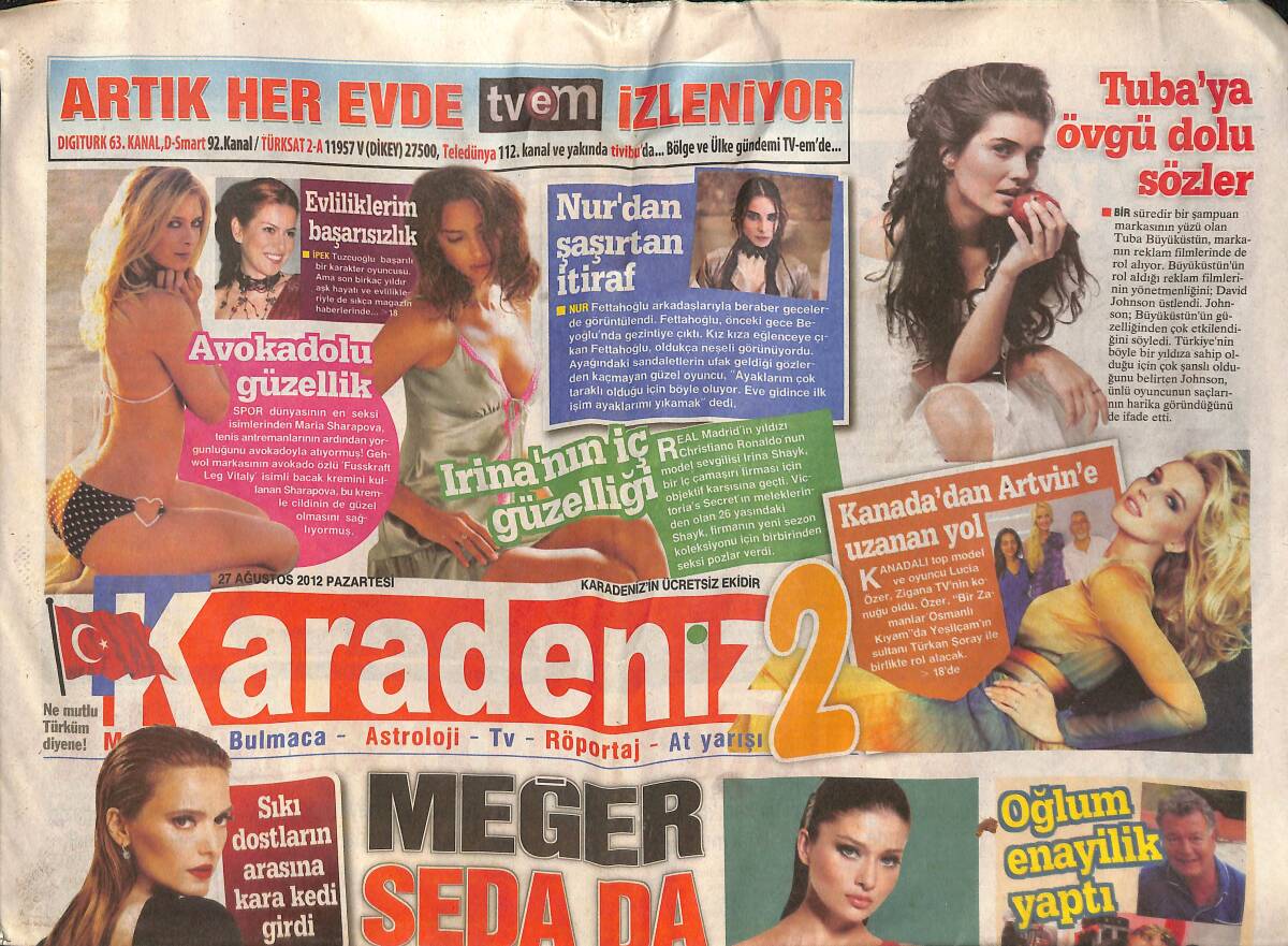 Karadeniz Gazetesi 2 Eki 27 Ağustos 2012 - İrina'nın İç Güzelliği - Nurgül Yeşilçay Aldatıldı - Tolga Çevik'ten Müjdeli Haber GZ137091 - 1