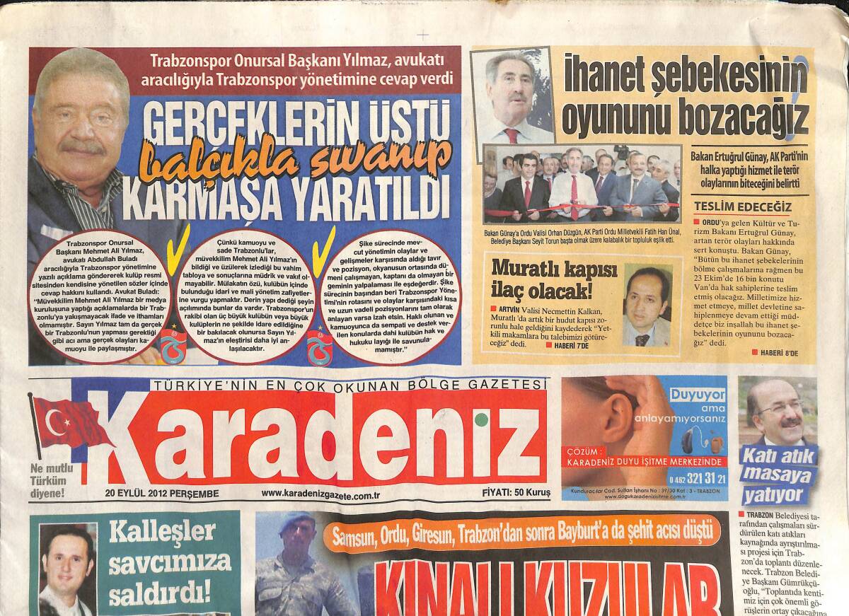 Karadeniz Gazetesi 20 Eylül 2012 - Giresun Merkez'e Sığmıyor - Samsun, Ordu, Giresun, Trabzon'dan Sonra Bayburt'ta Şehit- Başkan Karadere'ye Tutuklama GZ137324 - 1
