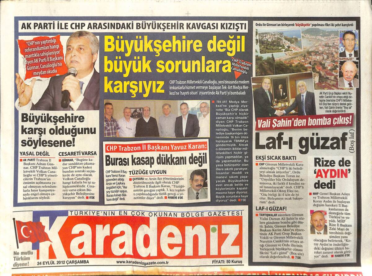 Karadeniz Gazetesi 24 Eylül 2012 - CHP Trabzon İl Başkanı Yavuz Karan : Burası Kasap Dükkanı Değil GZ159737 - 1