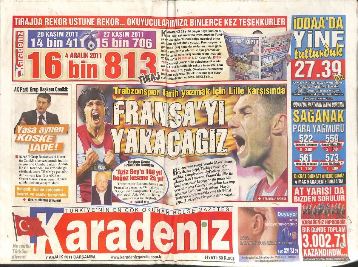 Karadeniz Gazetesi 7 Aralık 2011 - Trabzonspor tarih Yazmak İçin Lille Karşısında - Giresun Emniyet Müdürü Hikmet Bulak 