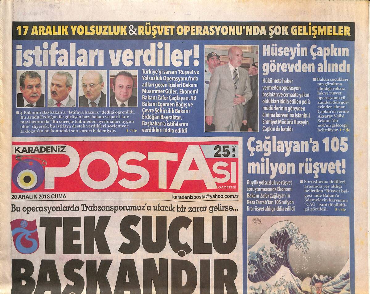 Karadeniz Postası 20 Aralık 2013 - Zafer Çağlayan'a 105 Milyon Rüşvet - Hüseyin Çapkın Görevden Alındı GZ136307 - 1