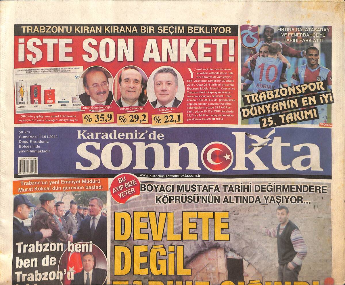Karadeniz'de Son Nokta Gazetesi 11 Ocak 2014 - Murat Köksal:Trabzon Beni Ben De Trabzon'u Tanırım - Trabzonspor,F.Bahçe Ve G. Saray'a Tarihi Fark Attı GZ136672 - 1