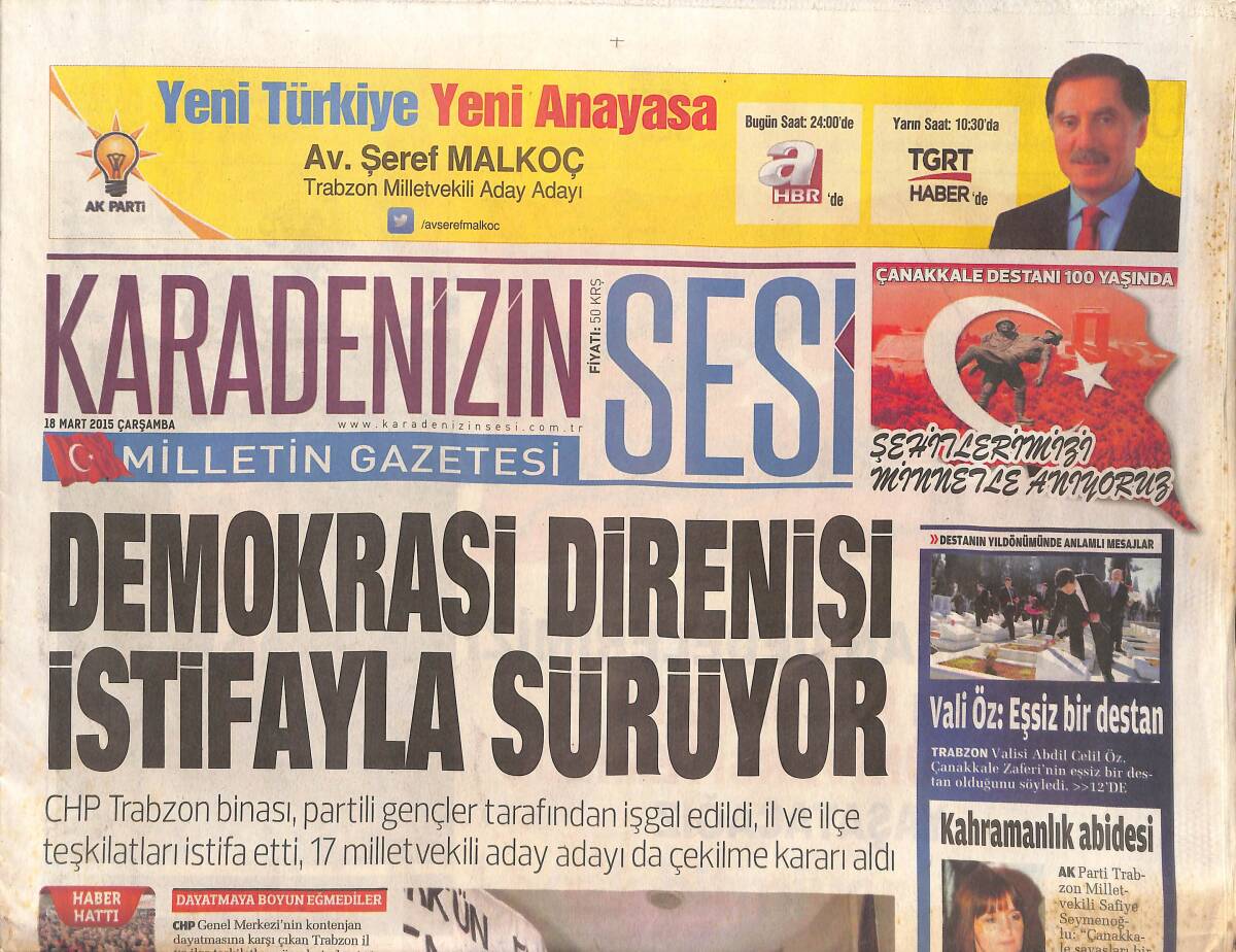 Karadeniz'in Sesi Gazetesi 10 Mart 2015 - Araplar Pazarlıkçı Çıktı - Demokrasi Direnişi İstifayla Sürüyor GZ136158 - 1
