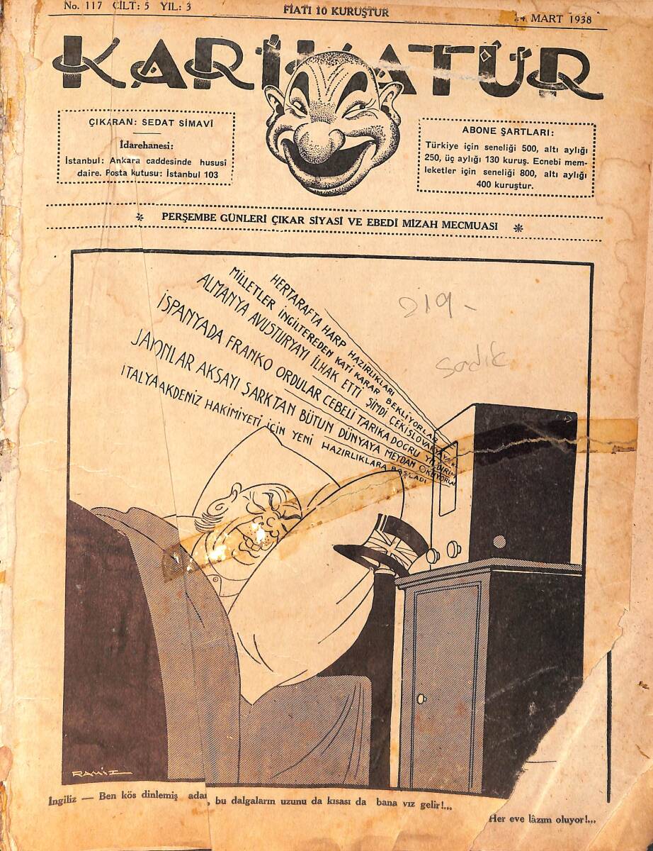 KARİKATÜR Edebi Haftalık Mizah Mecmuası 24 Mart 1938 Sayı: 117 NDR100310 - 1