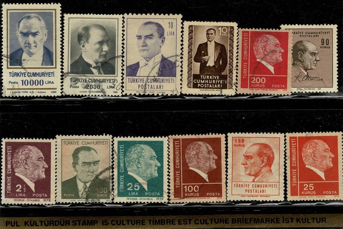 Karışık Dönem Atatürk Sürekli Posta Pulları Lotu - 12 Adet (Varyasyonlu Set) Damgalı PPT2431 - 1