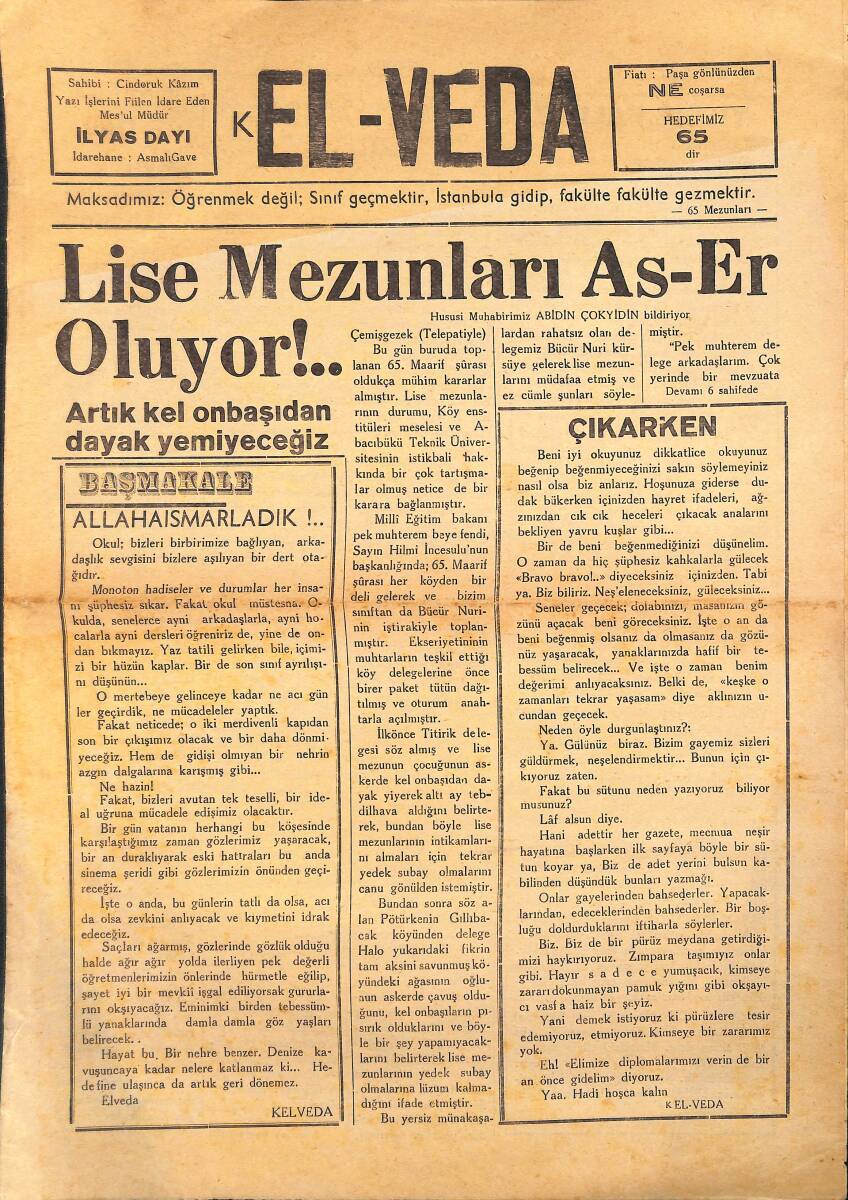 Kel-Veda Gazetesi 23 Mayıs 1962 - Lise Mezunları As-Er Oluyor - Artık Kel Onbaşından Dayak Yemeyeceğiz GZ136722 - 1