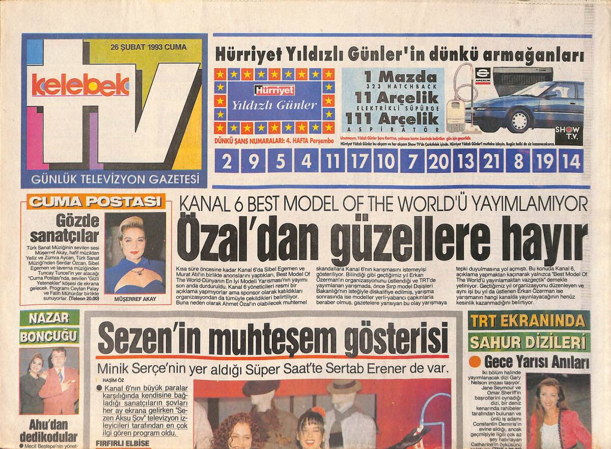 Kelebek TV Gazetesi 26 Şubat 1993 - Sezen'in Muhteşem Gösterisi - Minik Serçe, Öğrencisi Sertap'la Birlikte Bambino'yu Seslendiriyor GZ153785 - 1